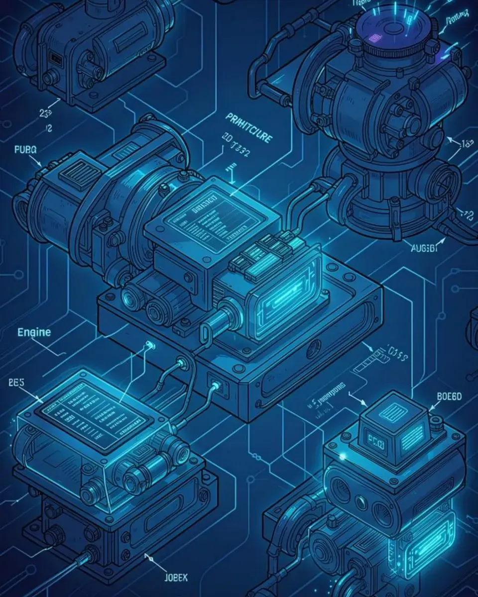 Illustration of AIQ engine modules as glowing machinery