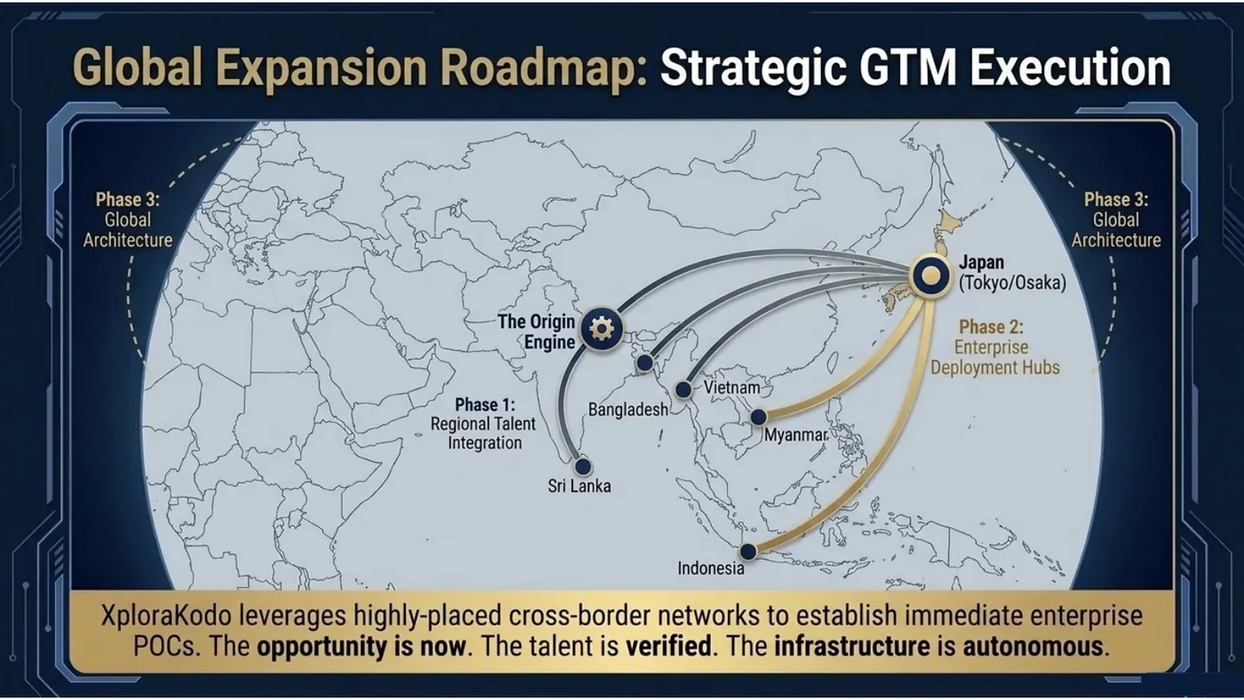 Map of the global expansion roadmap from Nepal to enterprise deployment hubs in Tokyo and Osaka
