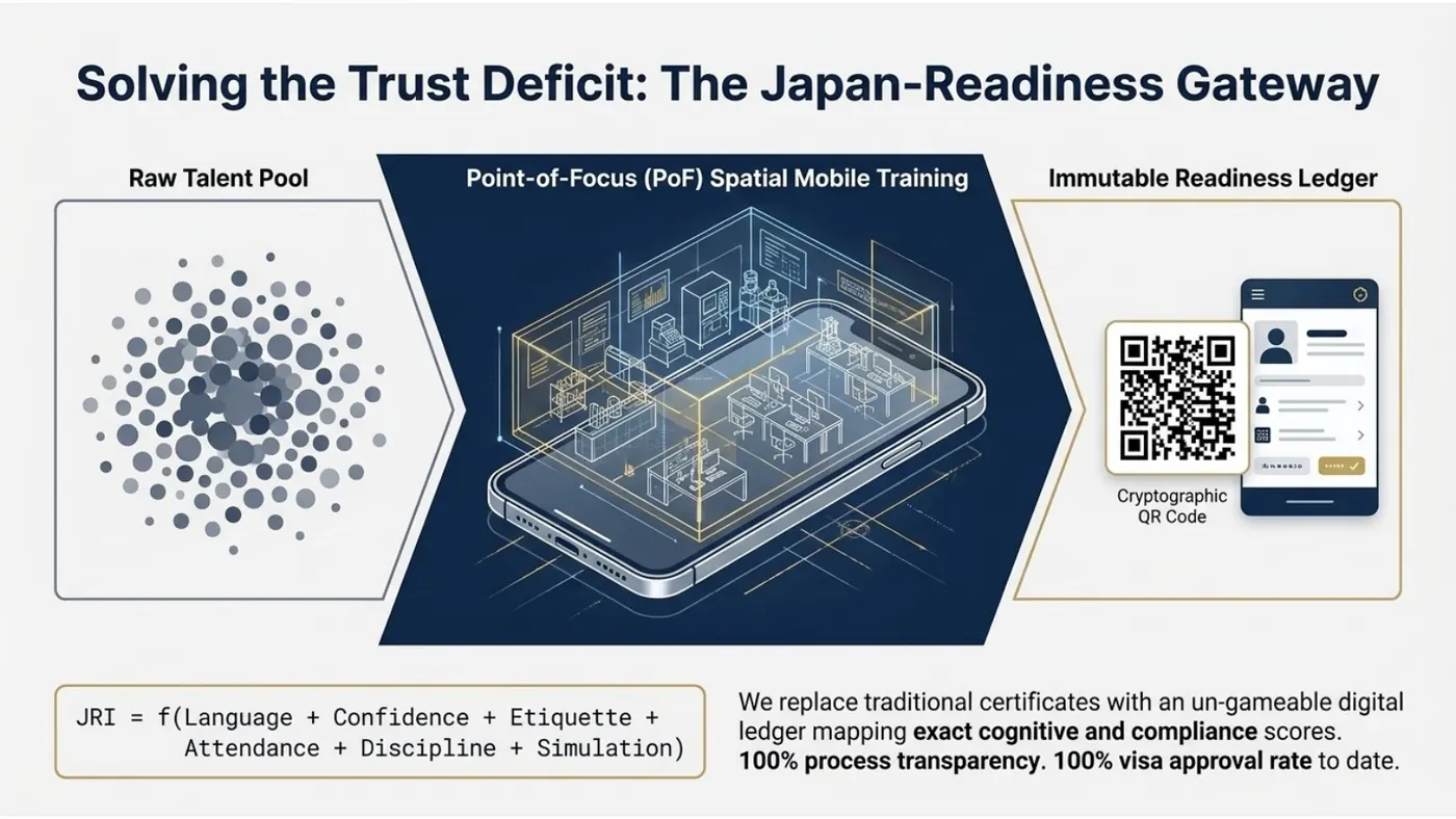 Diagram: raw talent pool, Point-of-Focus spatial mobile training and an immutable readiness ledger with cryptographic QR code
