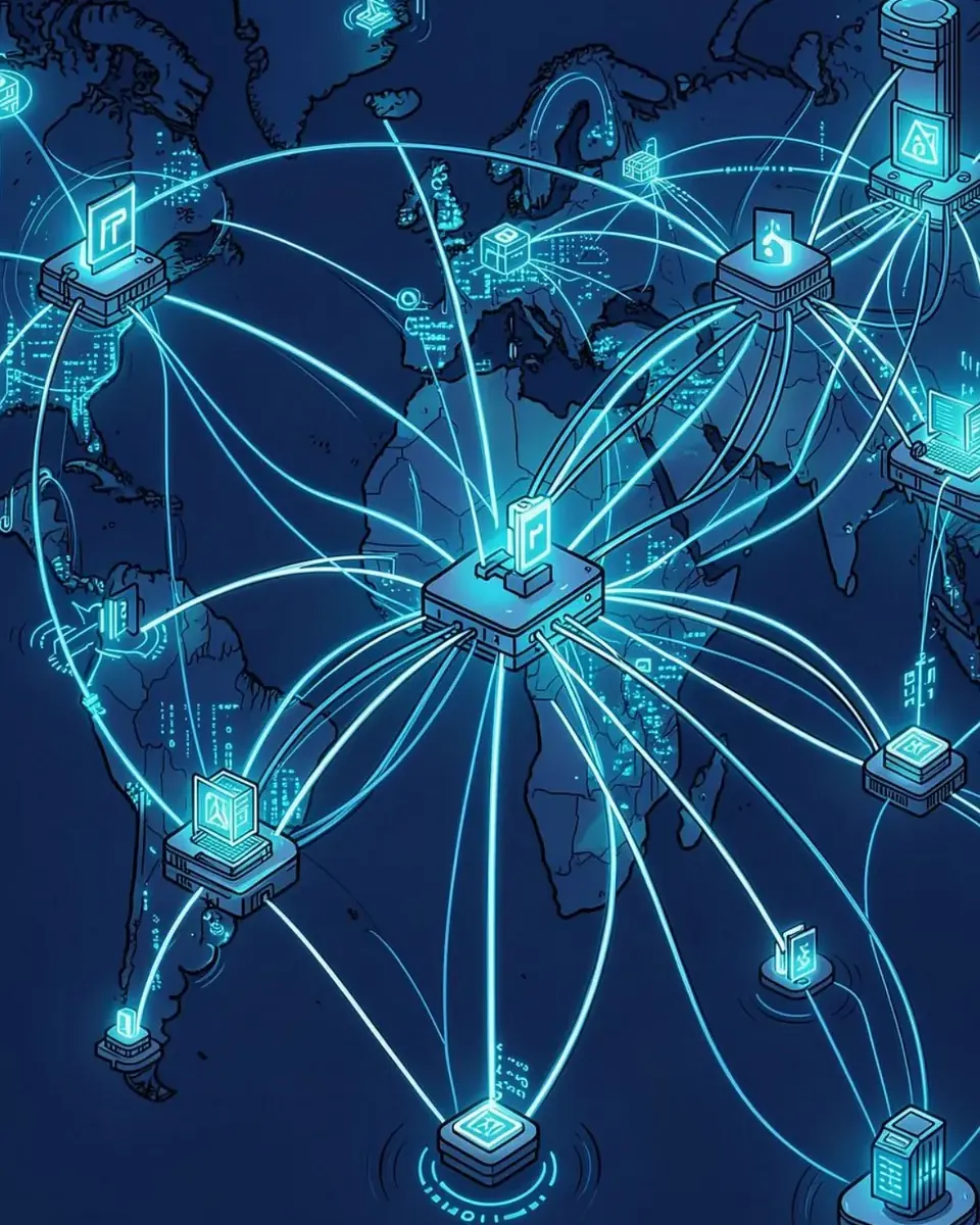 Illustration of a glowing world map connected by data lines