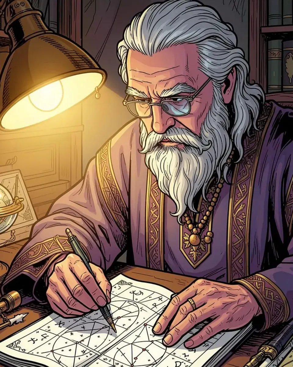 Illustration of a senior astrologer drawing charts by lamplight