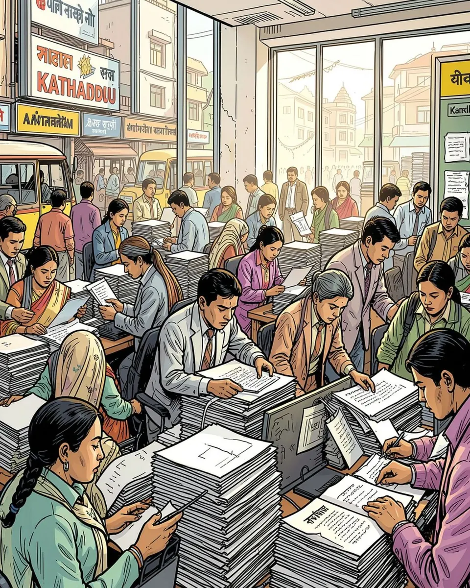 Illustration of a busy Kathmandu office buried in paper files