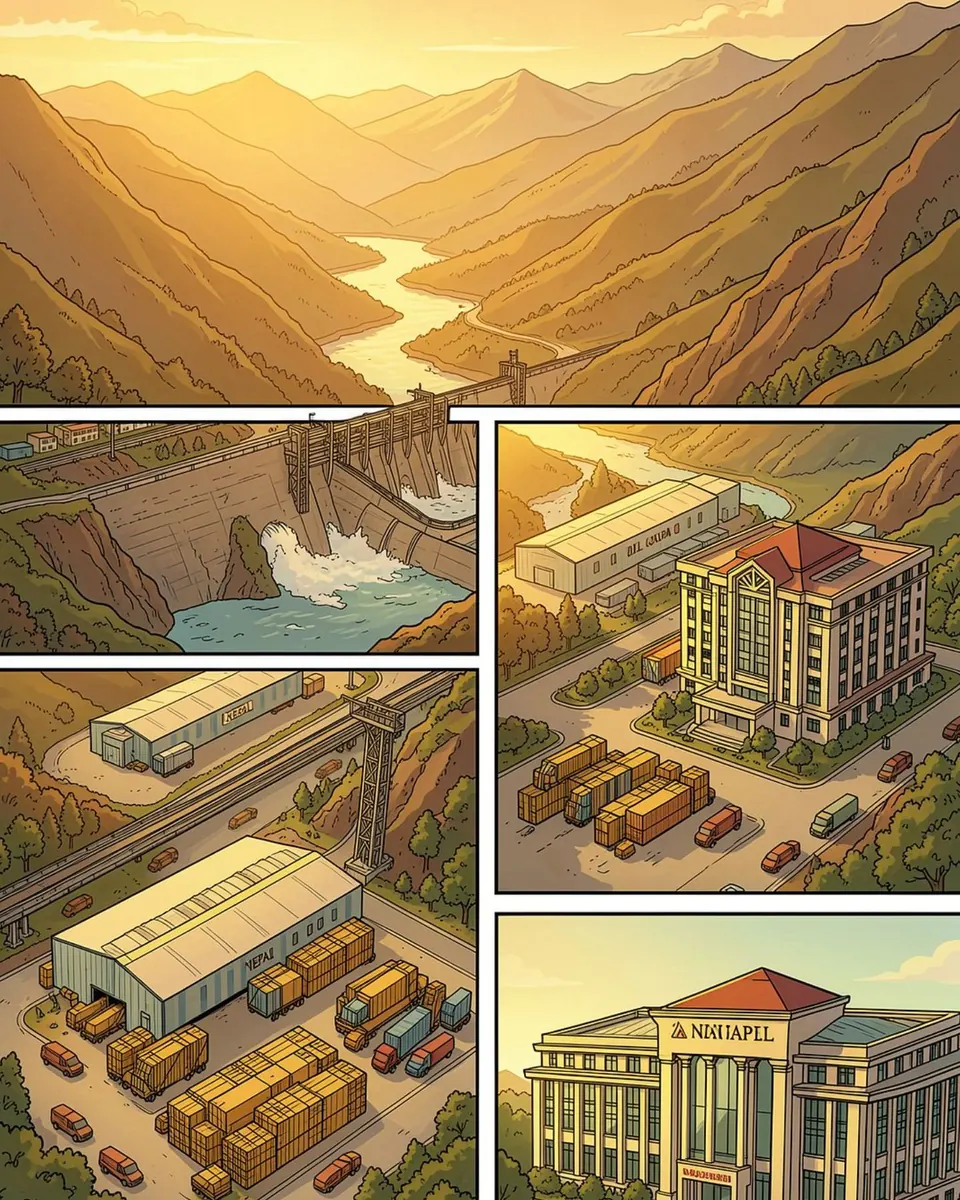 Illustrated panels of a hydropower dam, logistics warehouses and a hotel in Nepal