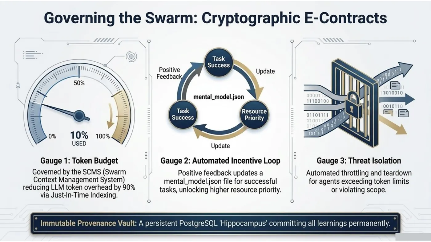 Diagram of cryptographic E-Contracts: token budget gauge, automated incentive loop and threat isolation