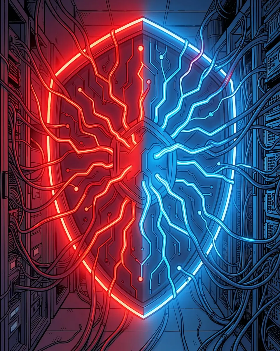 Illustration of a split red and blue neural shield between server racks