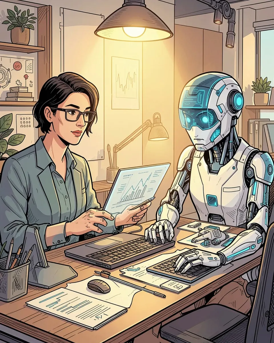 Illustration of a woman and an AI robot working side by side at a desk